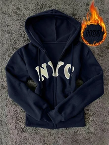 IslaSuriya Sweatshirt Termal Berkerudung dengan Resleting dan Tali Serut Bergambar Huruf - Navy Blue - View 6