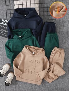 SHEIN Genkimix Kids 小男孩 3件組 純色壓紋保暖連帽衛衣＋運動長褲套裝 戒童款 秋季聖誕生日 白色 - 彩色 - 查看 2