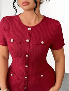 Elenzga Gaun Plus Size Polos dengan Kancing Depan dan Hem Model Duyung, Cocok untuk Sehari-hari, Kantor, Makan Malam, Perjalanan, Warna Burgundy, Musim Gugur, Elegan - Burgundy - View 7