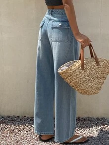 Livesso Tall Flap Pocket Wide Leg Jeans Fall Travel Light Blue Casual Streetwear - Medium Wash - View 3