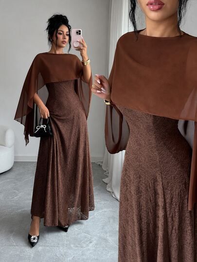 Elenzga Wedding Guest Light Luxury Gentle Party Gathering Holiday Celebration Formal Double Layer Spliced Chiffon Shawl Fitted Floral Lace Mid-Length Dress Floral Pattern Caramel Brown Elegant Romantic Women's Dress