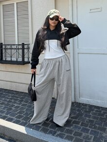 DAZY Letter Graphic Drawstring Hem Sweatpants Summer Gym Black Casual Athleisure - Grey - View 3