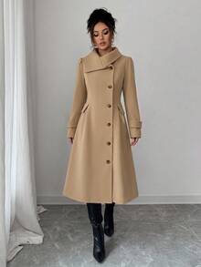 Elenzga 1pc Solid Foldover Collar Button Front Overcoat - Khaki - View 5