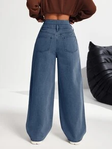 SHEIN PETITE 女款高腰雙腰帶寬腿牛仔褲 藍色 - 中等水洗藍 - 查看 2