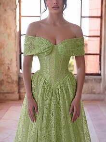 Aureia Elegant Formal Romantic 3D Lace Tube Strapless Bodice With Waist Mesh Sheer Effect, Boning Structure, Oversized A-Line Skirt, Wedding Prom Green Fall - Green - View 4