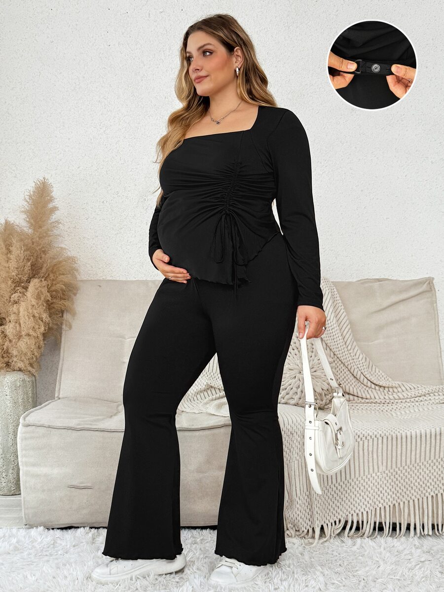 Plussiva Plus Size Maternity Solid Color Ruched Top And Adjustable Waist Long Pants Casual Maternity Daily 2 Pieces Set Photoshoot Black Autumn Basic Cute Chic - Black - View 1