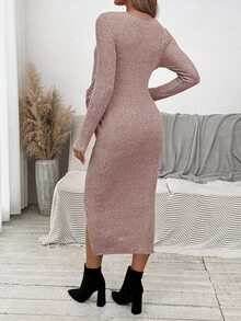SHEIN Maternity Solid Color Pleated Slit Design Casual Everyday Summer Dress - Dusty Pink - View 2