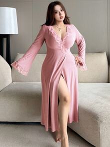 Dazy Plus Purple Lace Ruffle Collar Long Lapel Elegant Plus Size Women's Spring Summer Autumn Robe - Pink - View 4