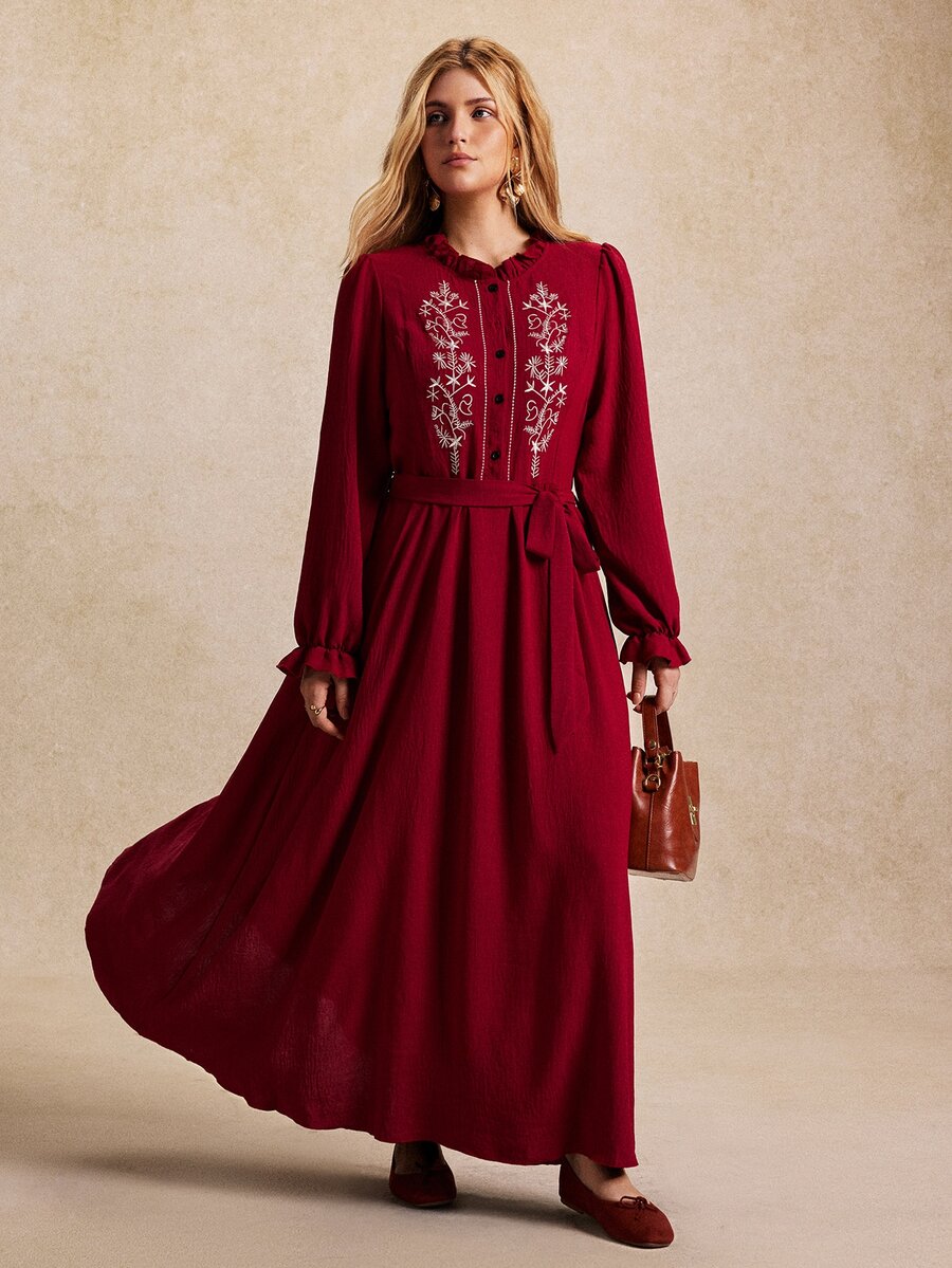 Écloséra Curve Plus Size Women's Elegant Boho Embroidered Round Collar French Style Shirt Dress, Slimming 3D Ruffle Cuffs Bow Waist Dark Purple Autumn - Burgundy - View 1