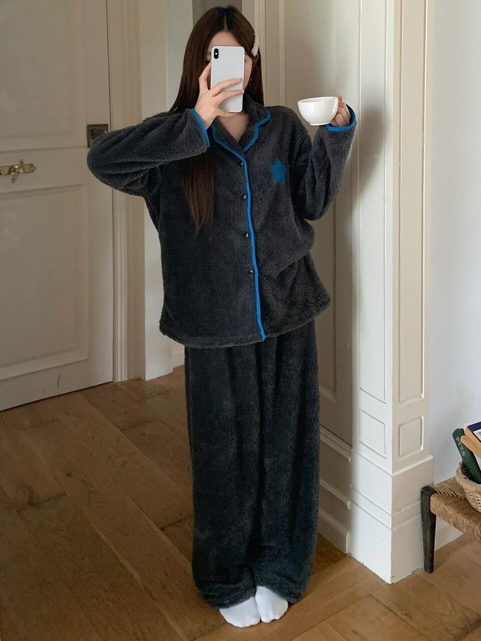 Contrast Trim Star Patched Flannel PJ Set