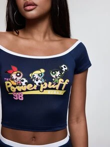 THE POWERPUFF GIRLS X SHEIN Women's Letter Cartoon Print Top And Skirt Fashion 2 Pieces Set - Navy Blue - View 7