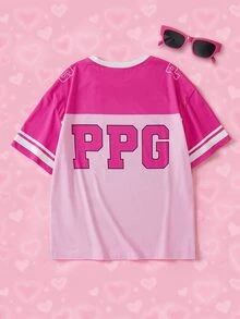 THE POWERPUFF GIRLS X SHEIN تي شيرت قصير الأكمام بطبعة كرتونية وحروف كاجوال يومي للفتيات المراهقات - وردي - مشاهدة 2
