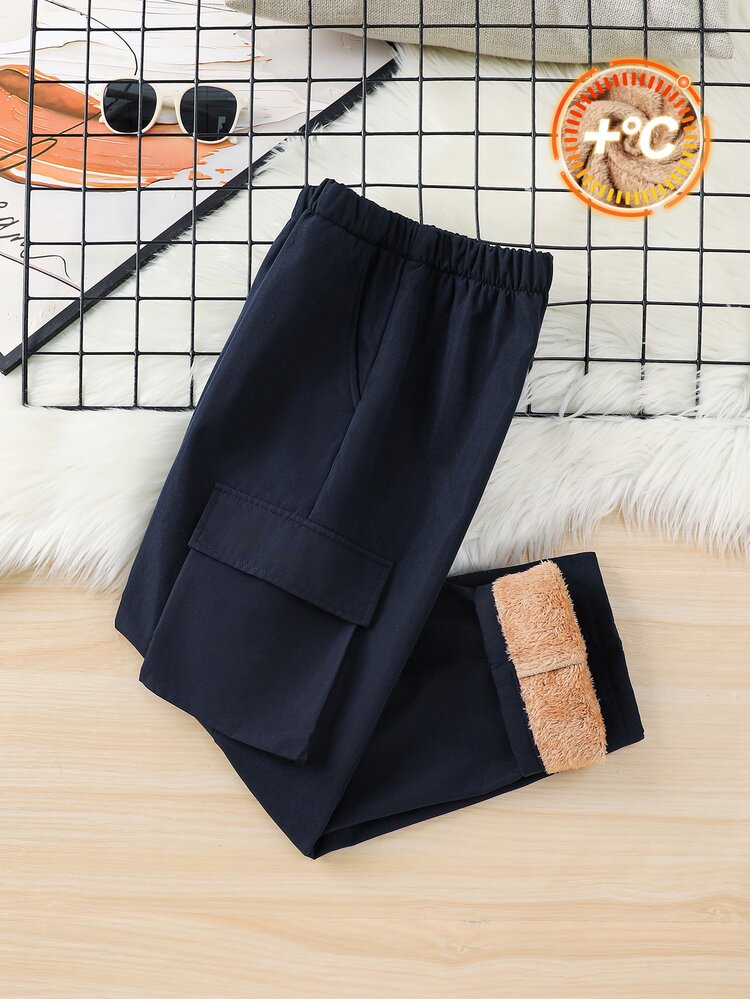 SHEIN Tween Boy Casual Versatile Thermal Lined Thick Cargo Pants, All-Match Bottoms, Suitable For Fall/Winter, School, Family Gatherings, Vacations, Parties, Fall Outfit, Winter Outfit - Blue - View 3