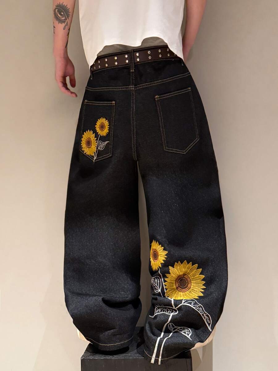 STEELVANCE 男士花卉刺繡寬腿牛仔褲 - 黑色 - 查看 1