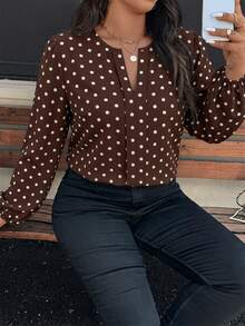 EMERY ROSE Blusa de talla grande con estampado de lunares, cuello con muesca y mangas farol - Marrón - Ver 6