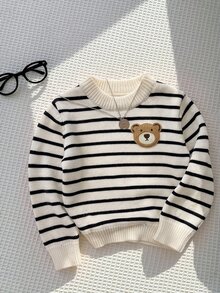 Suéter de bebé niño con patrón de rayas y parche de oso - Blanco y Negro - Ver 3