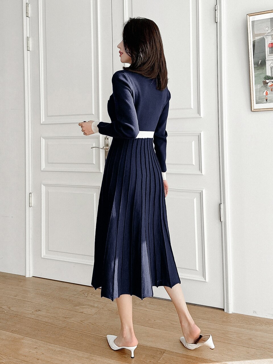 Contrast Trim Pleated Hem Sweater Dress Fall