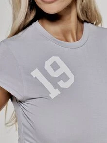 MUSERA Graphic Printed Crewneck Fitted Shortsleeve Top Sexy Evening Holiday Festival Unscripted - Grey - View 6