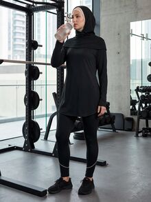 SHEIN With My Calm تي شيرت رياضي بغطاء رأس للرجال مع سروال رياضي 2 في 1 - الأسود - مشاهدة 2