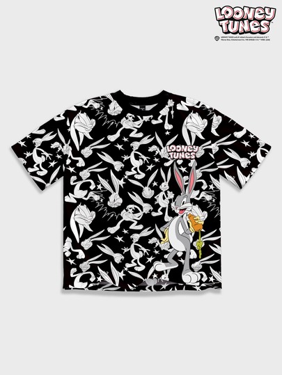 LOONEY TUNES X SHEIN FROVYX Men's Black Cartoon All-Over Print Short Sleeve T-Shirt, Suitable For Casual Daily Wear