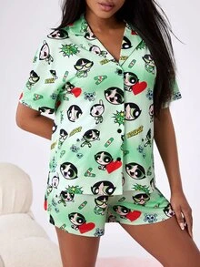 THE POWERPUFF GIRLS X SHEIN Women's Cartoon Print Pajama Set - Green - View 6