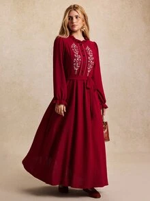 Écloséra Curve Plus Size Women's Elegant Boho Embroidered Round Collar French Style Shirt Dress, Slimming 3D Ruffle Cuffs Bow Waist Dark Purple Autumn - Burgundy - View 3