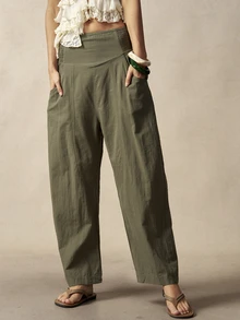 Bohemela Plus Size Casual Versatile Elastic Waist Pants With Pockets Fall - Army Green - View 5