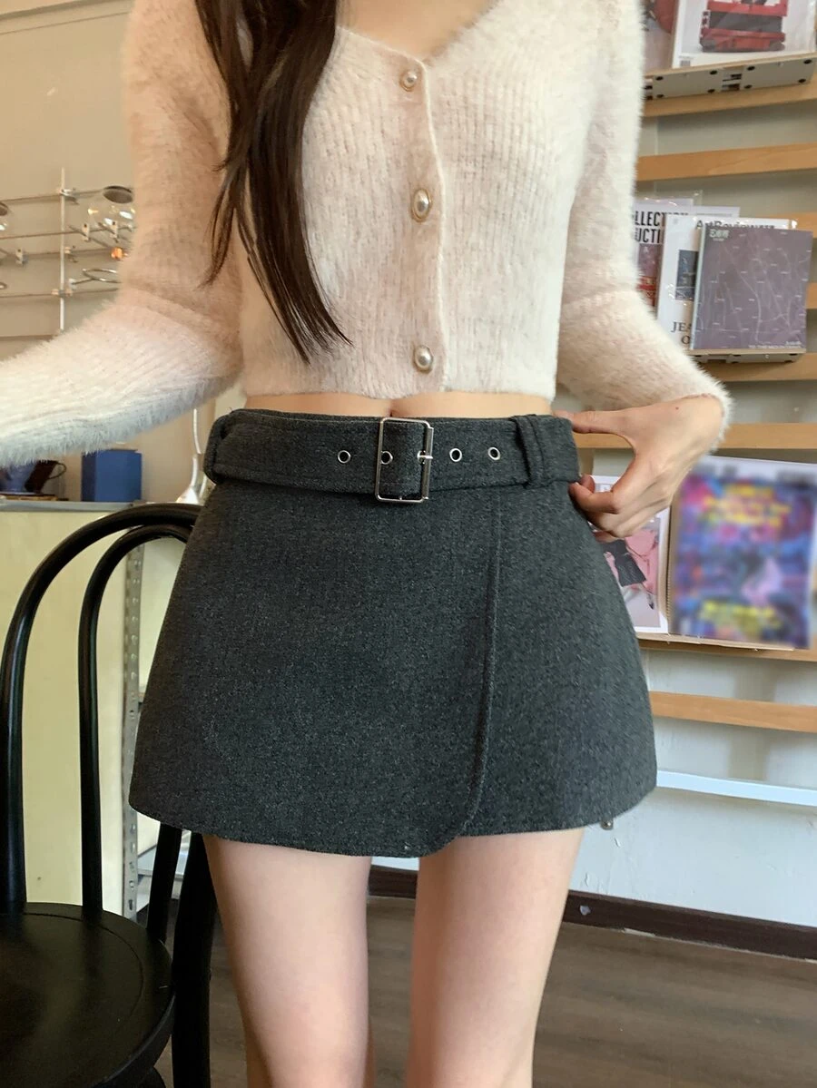 DAZY Solid Belted Wrap Skirt - Grey - View 1