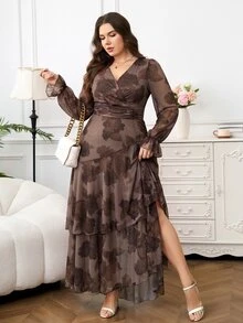 Reflora Plus Floral Print Flounce Sleeve Layer Hem Mesh Dress - Mocha Brown - View 3