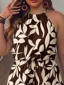 SHEIN VCAY Plus Plants Print Halter Neck Romper - Brown - View 5