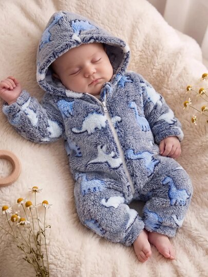SHEIN Newborn Baby Dinosaur Print Zip Up Hooded Flannel Pajama Autumn Winter Jumpsuit
