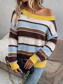 SHEIN LUNE Suéter con hombros caídos y estampado de rayas - Multicolor - Ver 5