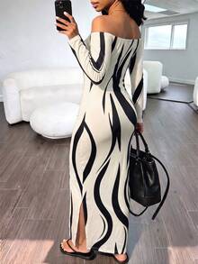 INAWLY Solva Plus Size Colorblock Print Off-Shoulder Dress - Beige - View 2