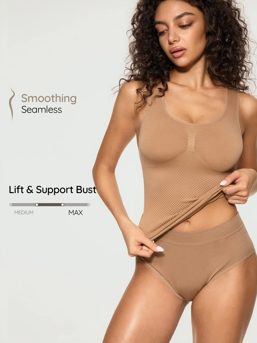 SHAPORA 1pc Women's Simple Pleated Shaping Tank Top - Apricot - View 1