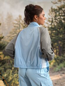 Exploreva Women's Colorblock Zipper Casual Versatile Daily Outdoor Jacket - Baby Blue - View 2