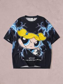 THE POWERPUFF GIRLS X SHEIN Men's Cartoon Print Casual Versatile Daily Wear Short Sleeve T-Shirt - Black - View 3
