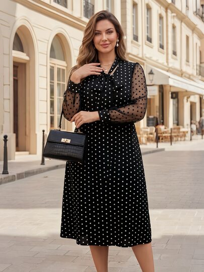 EMERY ROSE Vestido de malla con estampado de lunares en contraste talla grande