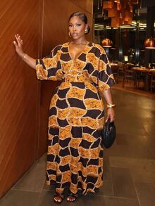 Slaydiva Plus Allover Print V Neck Dress Fall - Multicolor - View 6