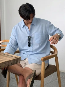 DAZY 男士純色口袋拼接襯衫 秋季 - 淺藍色 - 查看 4