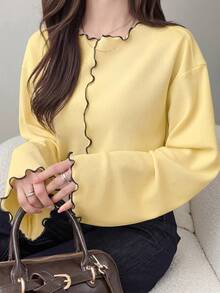 FRIFUL Contrast Trim Drop Shoulder Tee - Yellow - View 4