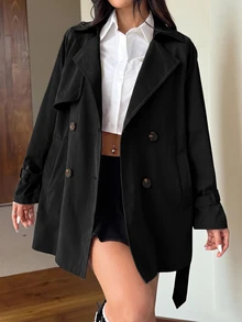 SHEIN EZwear Women Trench Coats - Black - View 3
