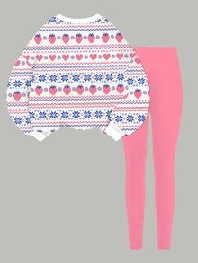 青少年女孩愛心與花卉印花落肩衛衣與內搭褲套裝 - 彩色 - 查看 4