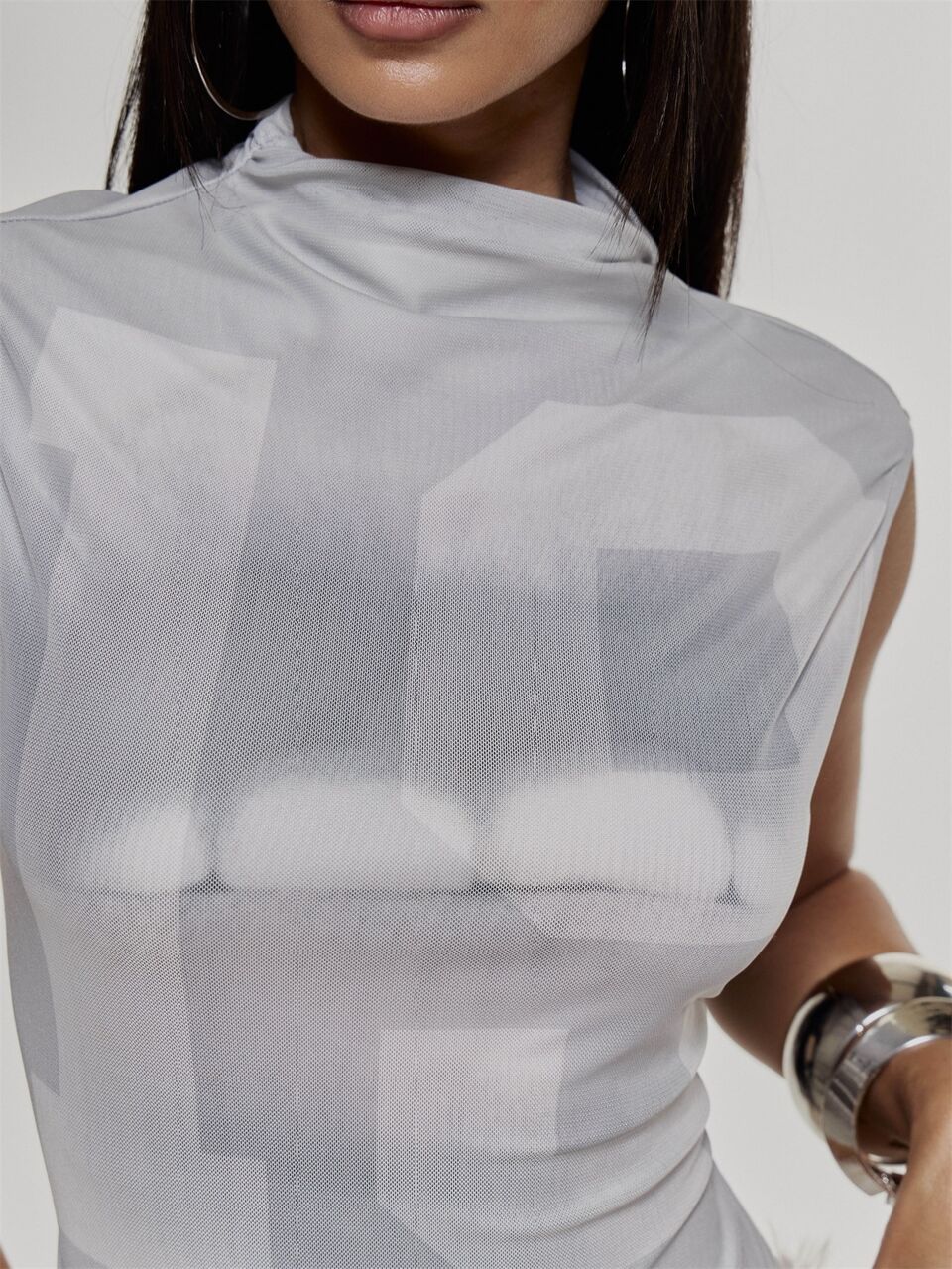 High Neck Graphic Number Print Distressed Double Layered Fitted Sleeveless Top