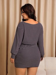 Elaquor Plus Striped Print Asymmetrical Neck Dress - Multicolor - View 2