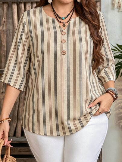 Mellowie Plus Striped Print Button Decor Blouse