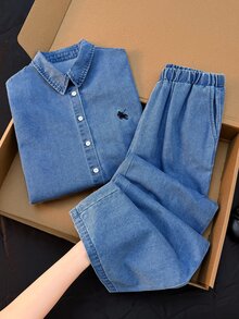 SHEIN EZwear Women's Equestrian Embroidered Long Sleeve Single-Breasted Shirt And Denim Pants Set Fall - Medium Wash - View 6