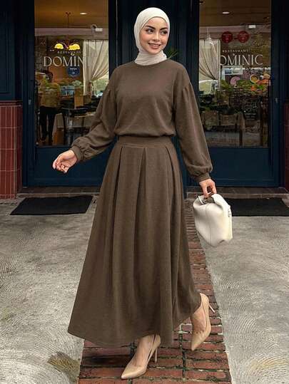 DAZY Women's Autumn Casual Solid Color Top And Skirt 2 Pieces Set