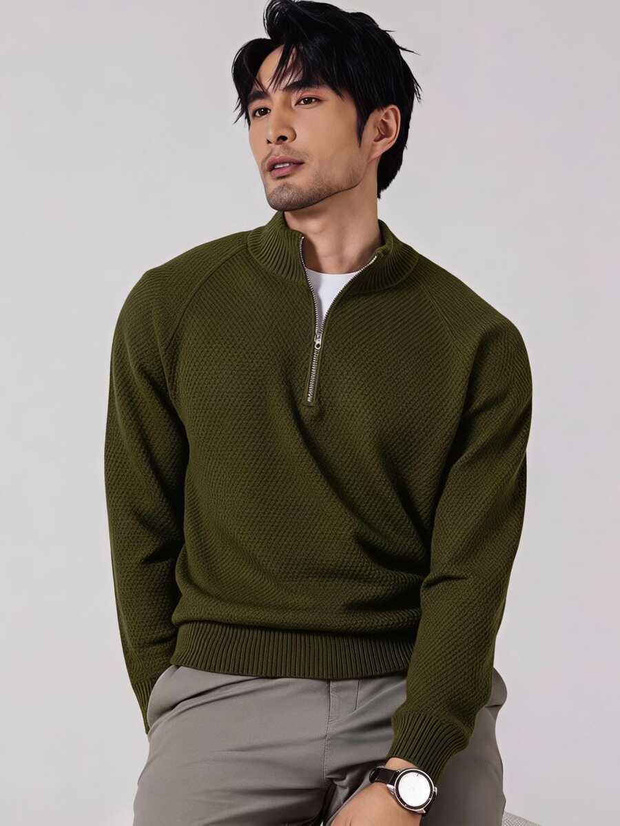 Manfinity Homme 男士純色休閒百搭日常穿著長袖針織衫 - 軍綠色 - 查看 1
