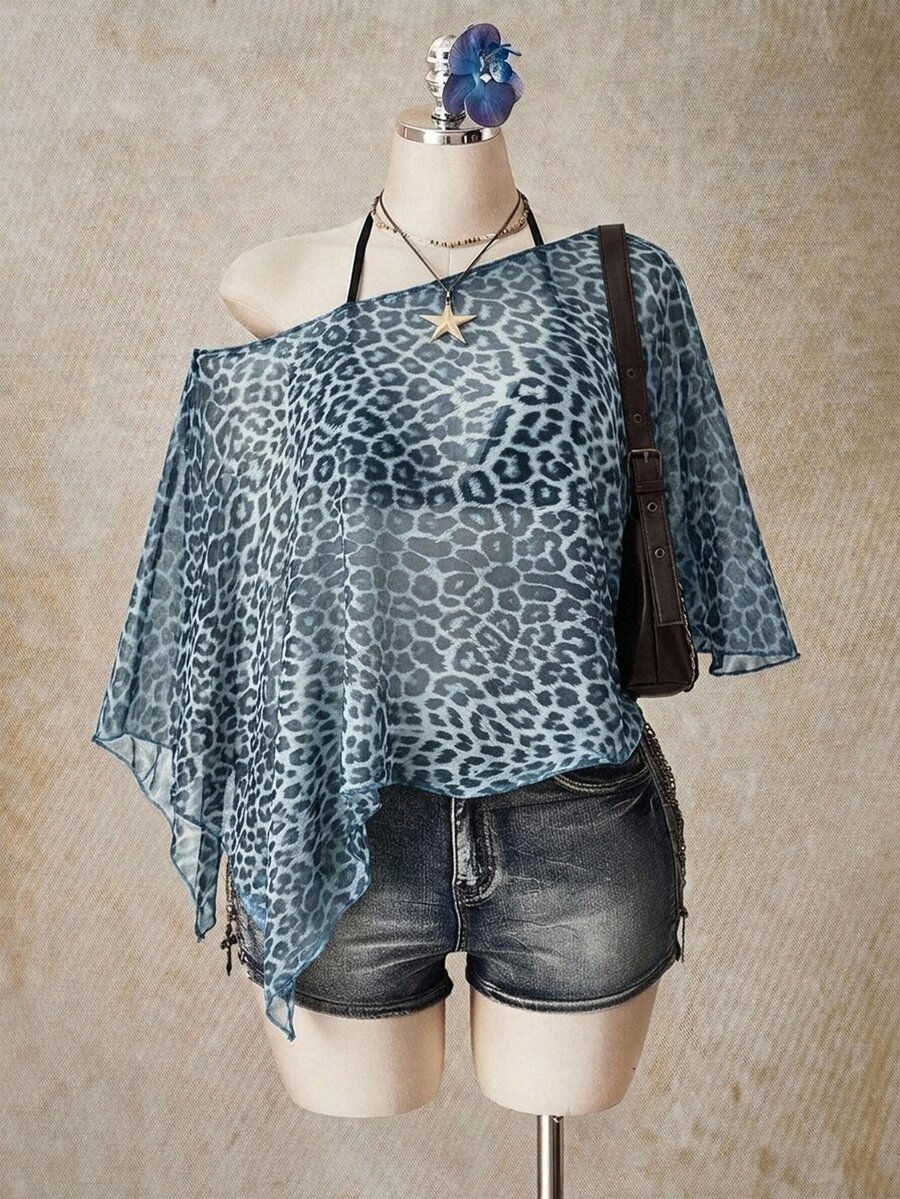 SHEIN ICON Plus Leopard Print Asymmetrical Neck Mesh Top Without Bra - Multicolor - View 1