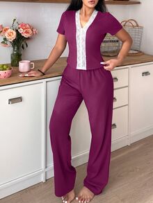 SweetSlumber V-Neck Contrast Lace Short Sleeve Top & Pants Pajama Set - Violet Purple - View 7